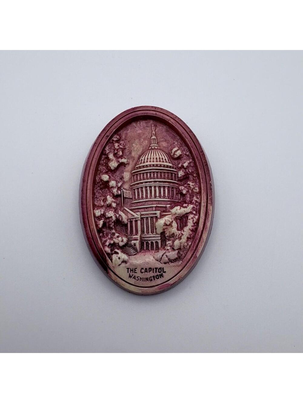 Vintage Washington DC Capitol Souvenir Brooch Pin Pink Resin Cameo Style